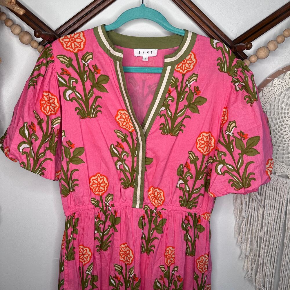 THML Emerson Hot Coral Pink Floral Midi Dress